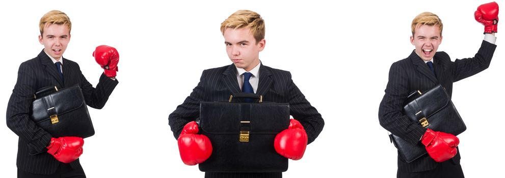 Young employee with boxing gloves isolated on white 