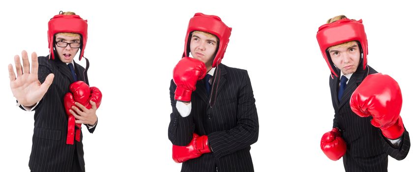 Young employee with boxing gloves isolated on white 