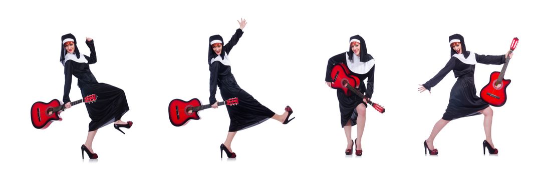 Nun playing guitar isolated on white