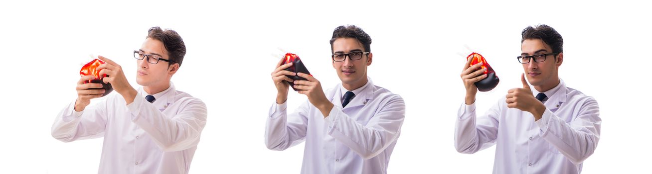 Doctor in blood donation concept isolated on white