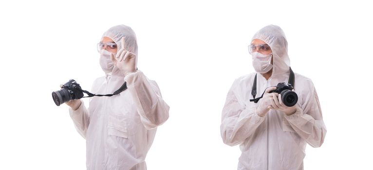 Forensic specialist in protective suit taking photos on white