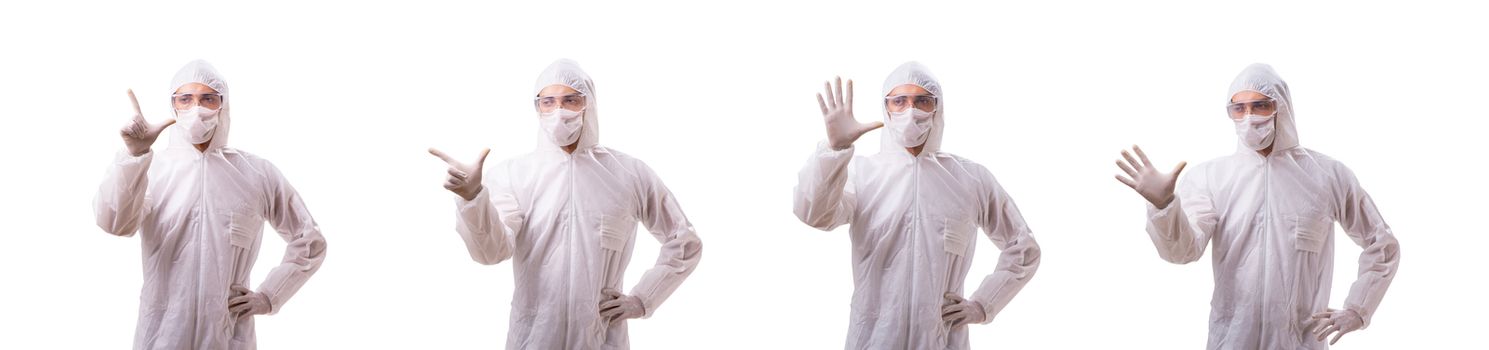Man in protective suit isolated on white background