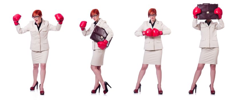 Woman businesswoman with boxing gloves on white