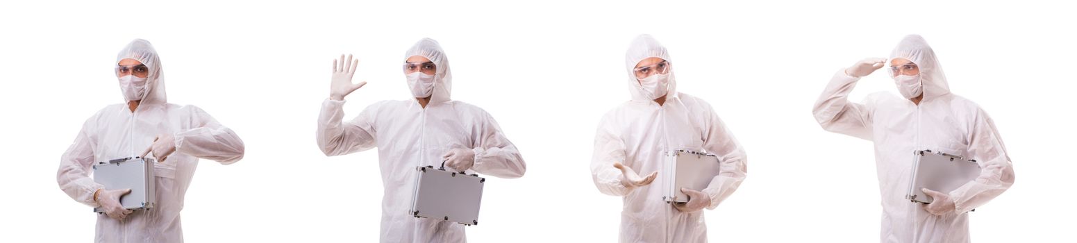 Criminologist in protective suit with steel case