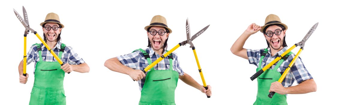 Funny gardener with shears isolated on white