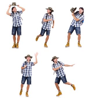 Young traveller with backpack isolated on white