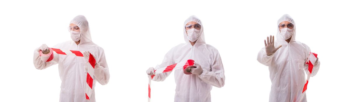 Forensic specialist in protective suit isolated on white