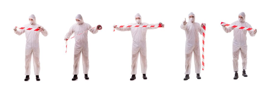 Forensic specialist in protective suit isolated on white