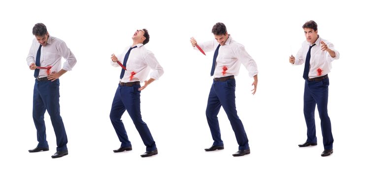 Wounded businessman with blood stains isolated on white background