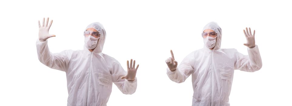 Man in protective suit isolated on white background