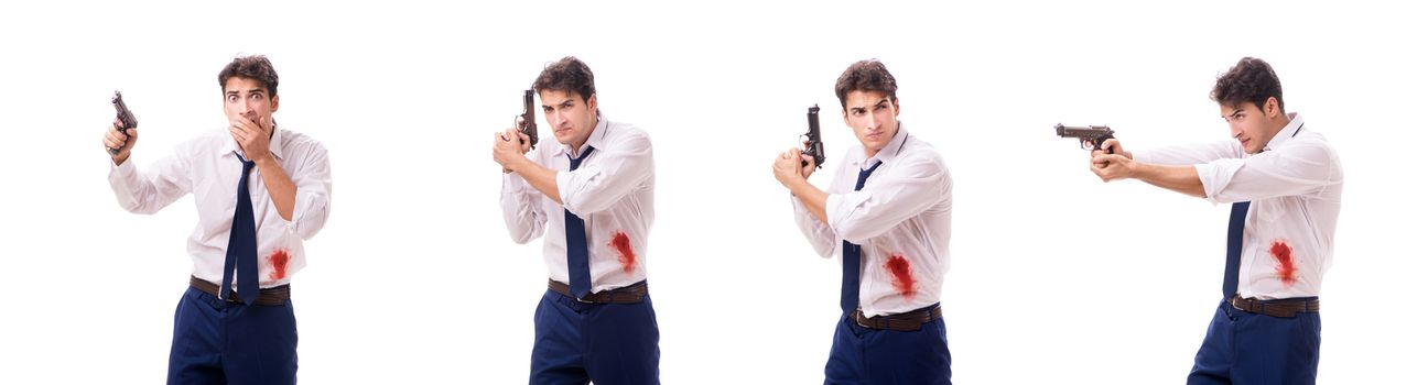 Businessman wounded in gun fight isolated on white