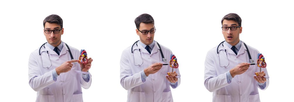 Young doctor with heart shape isolated on white