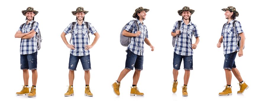 Young traveler with rucksack isolated on white