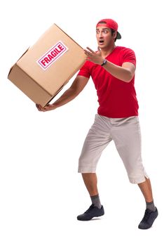 Handsome contractor holding fragile box isolated on white 