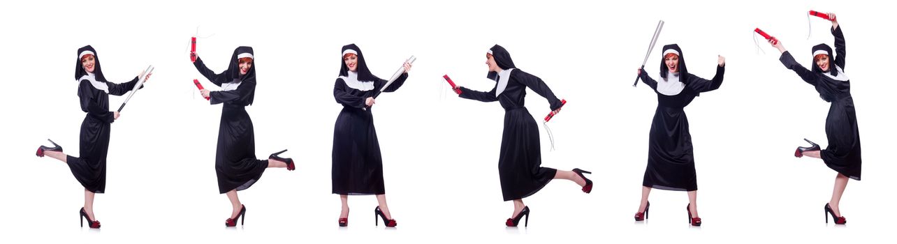 Nun with baseball bat on white