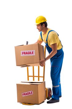 Young contractor with fragile boxes isolated on white