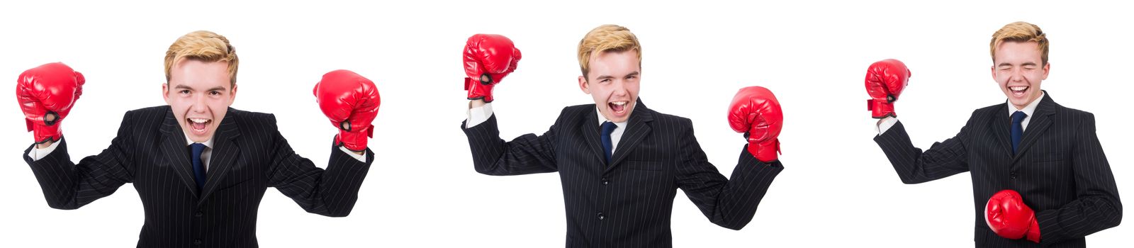 Young employee with boxing gloves isolated on white 