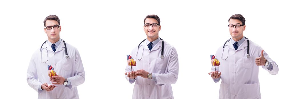 Young doctor with heart shape isolated on white