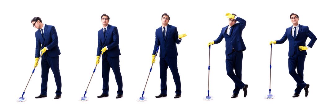 Young handsome businessman with mop isolated on white 
