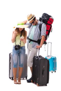 Young family preparing for vacation travel on white