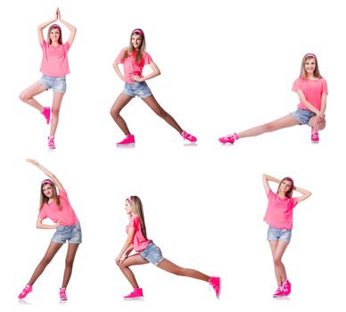 Young woman doing exercises on white