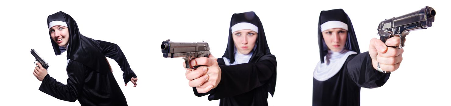 Nun with handgun isolated on white