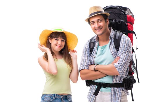 Young family preparing for vacation travel on white