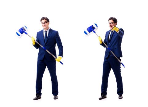 Young handsome businessman with mop isolated on white 