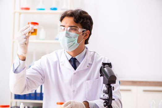 Young handsome chemist working in the lab