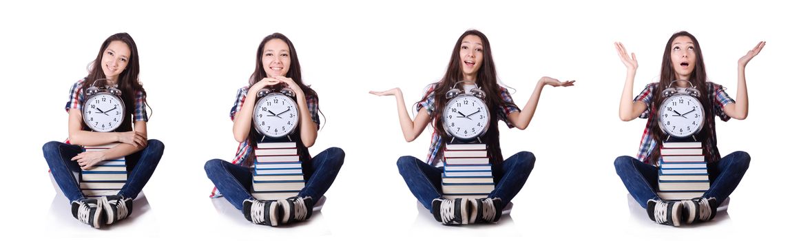 Young student missing exam deadline isolated on white