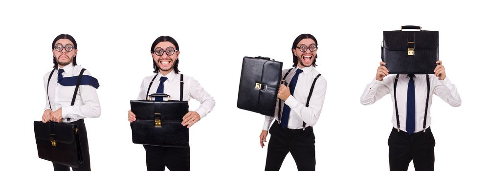 Young businessman holding briefcase isolated on white