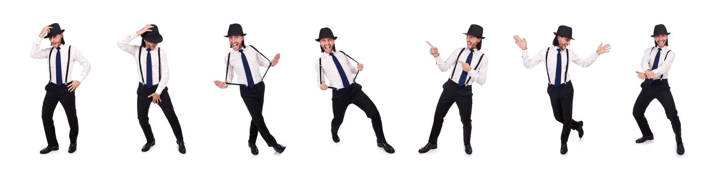 Man wearing hat and suspenders isolated on white