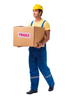 Young contractor with fragile boxes isolated on white