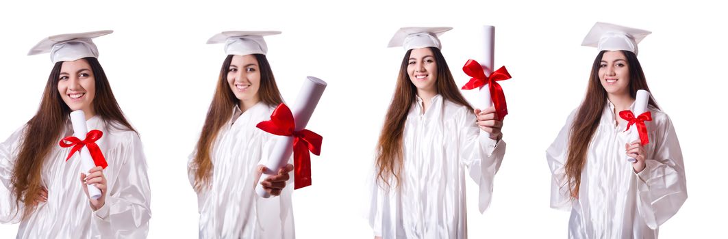 Graduate girl with diploma  isolated on white