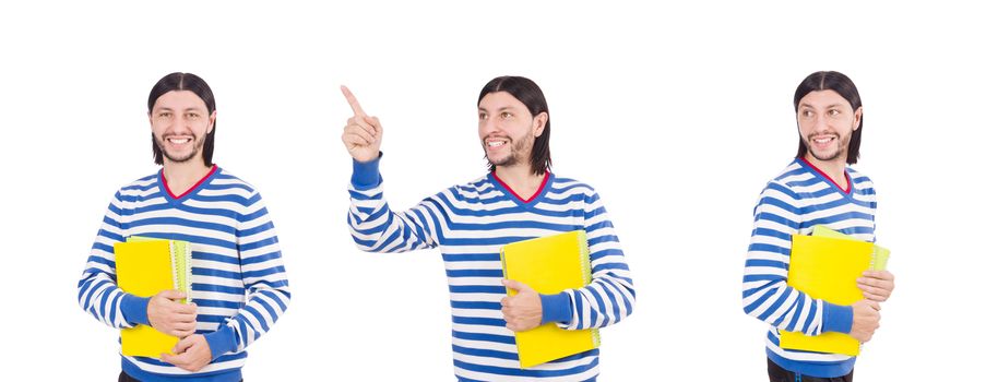 Funny student with books isolated on white