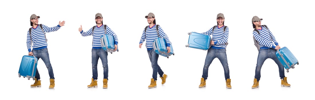 A tourist with bags isolated on white