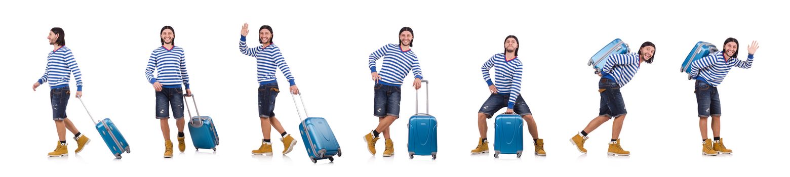 A tourist with bags isolated on white