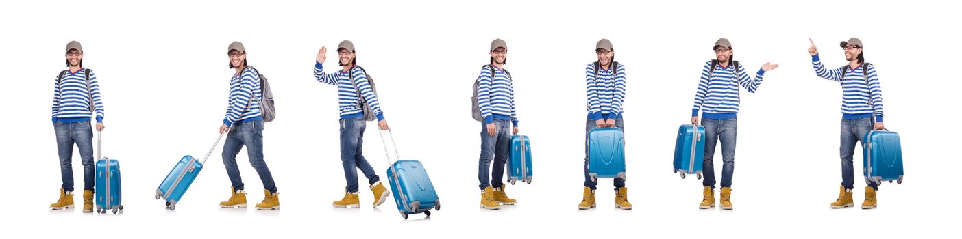 Young traveller with travel case isolated on white