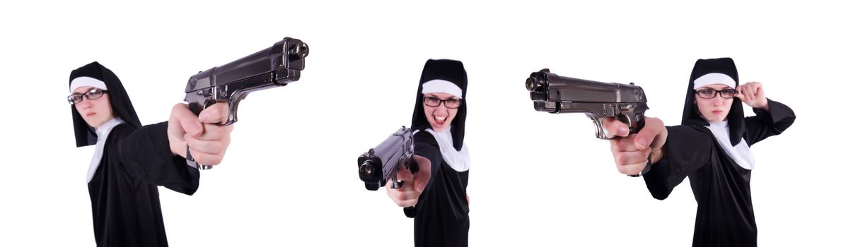 Nun with gun isolated on the white