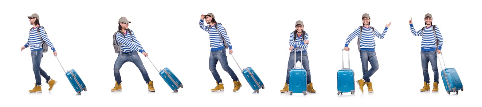 A tourist with bags isolated on white
