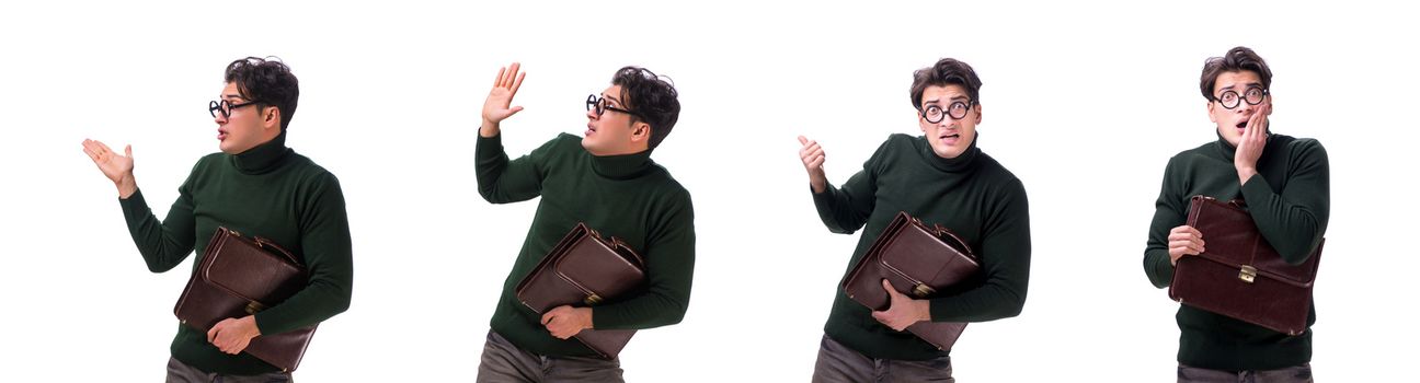 Nerd businessman with briefcase isolated on white