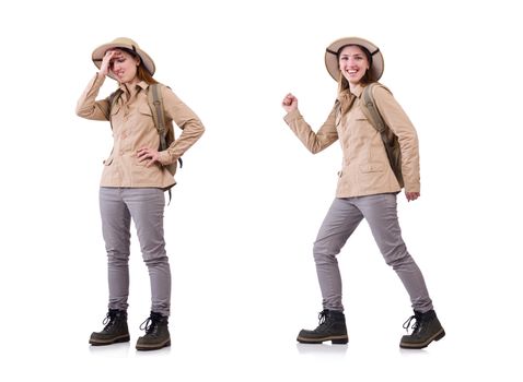 Woman wearing safari hat on white