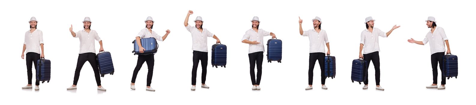 Tourist with suitcase isolated on white