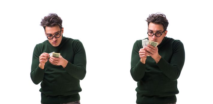 Young man with money isolated on white