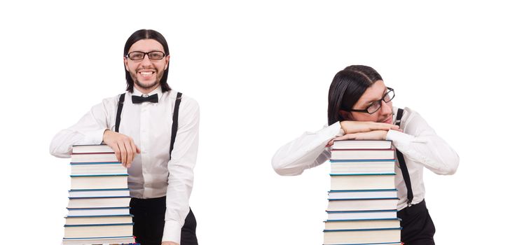 Funny student with books isolated on white