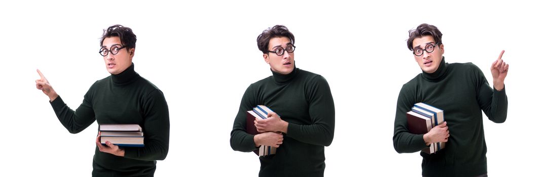 Nerd young student with books isolated on white