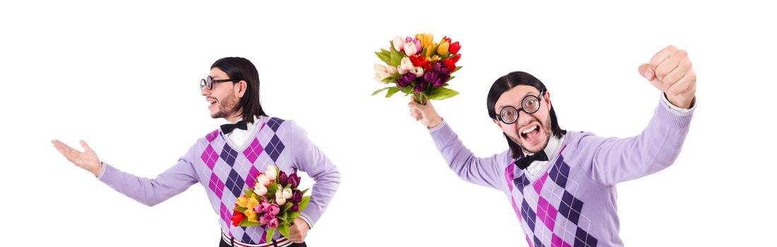 Man holding tulips isolated on white