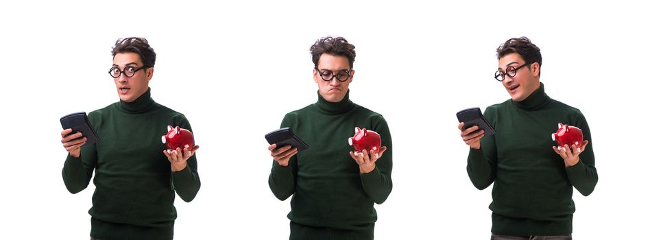 Nerd young man with piggybank isolated on white
