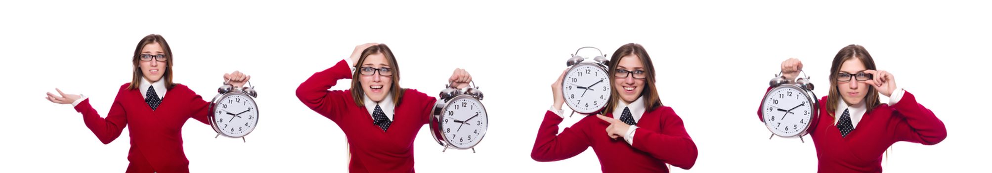 Office worker holding alarm clock isolated on white