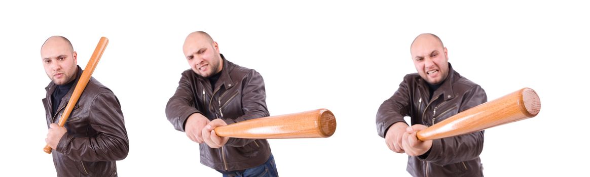 Violent man with baseball bat on white